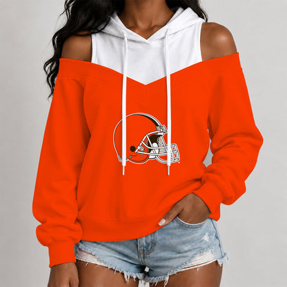 [TOUCHDOWN DEAL] NEW CUSTOMIZED NFL29 CLB THE BROWNS WOMEN'S OFF-SHOULDER HOODIE