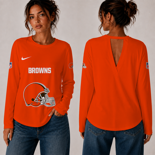 [TOUCHDOWN DEAL] NEW CUSTOMIZED NFL29 CLB THE BROWNS WOMEN'S BACK V-CUT LONG-SLEEVE SHIRT
