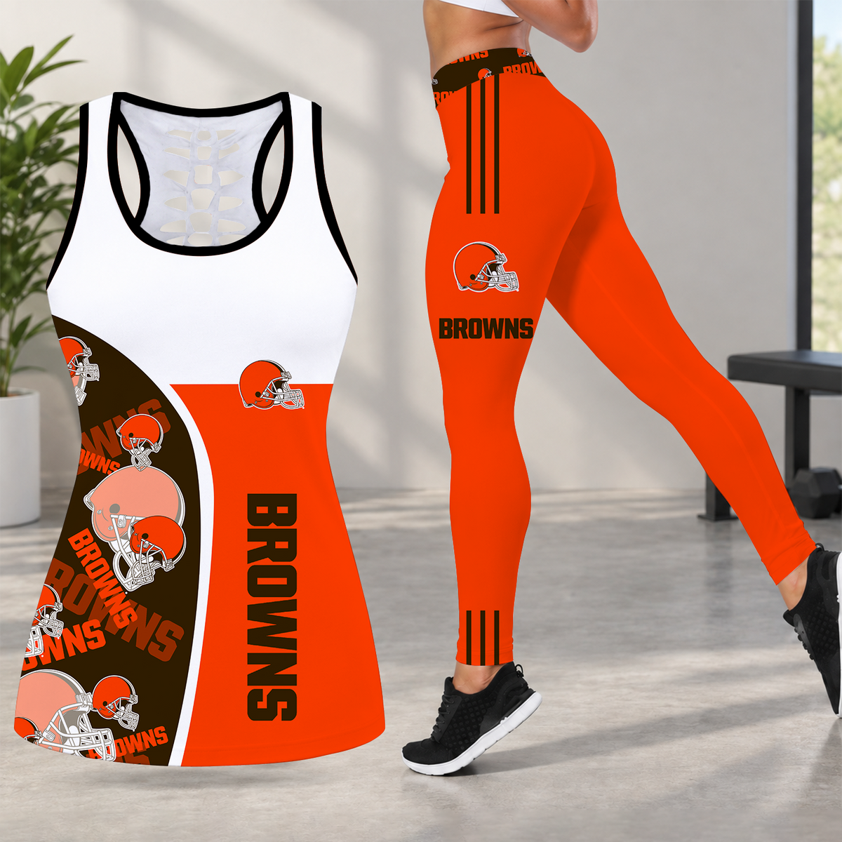 [TOUCHDOWN DEAL] NEW CUSTOMIZED NFL29 CLB CLEVELAND BROWNS HOLLOW TANK TOP & LEGGINGS SET