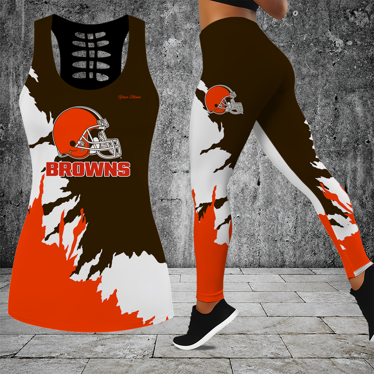 [TOUCHDOWN DEAL] NEW CUSTOMIZED NFL29 CLB CLEVELAND BROWNS HOLLOW TANK TOP & LEGGINGS SET