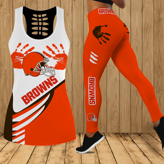 [TOUCHDOWN DEAL] NEW CUSTOMIZED NFL29 CLB CLEVELAND BROWNS HOLLOW TANK TOP & LEGGINGS SET