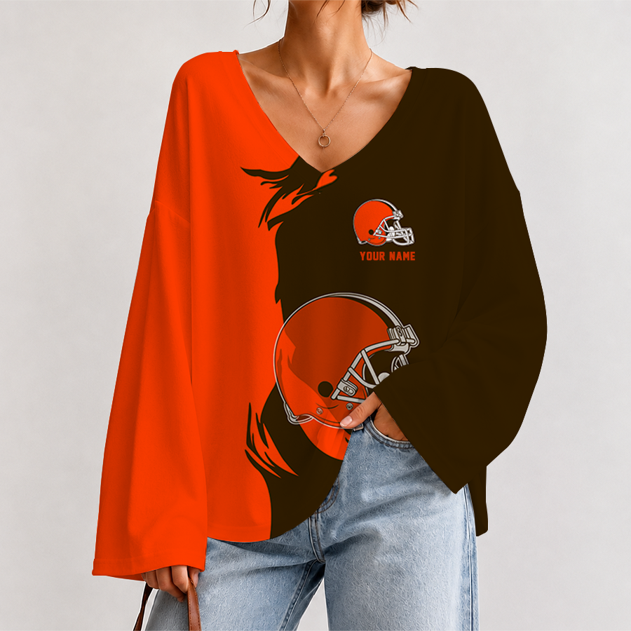 [SPECIAL OFFER] NEW CUSTOMIZED NFL29 CLB CLEVELAND BROWNSV NECK LONG SLEEVED CROP TOP