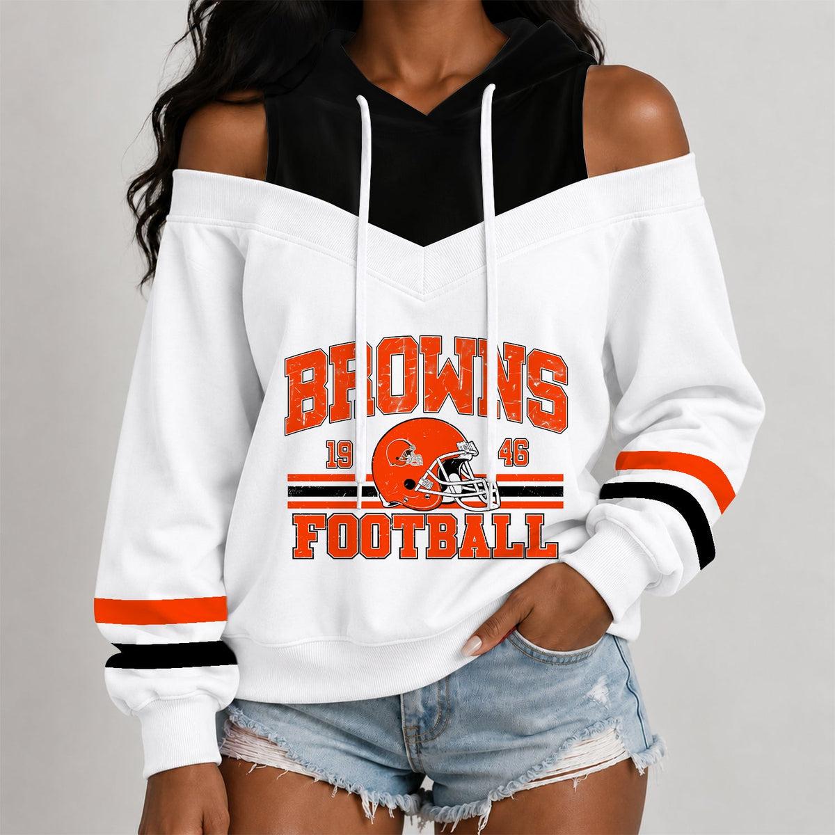 [TOUCHDOWN DEAL] NEW CUSTOMIZED NFL29 CLB THE BROWNS WOMEN'S OFF-SHOULDER HOODIE