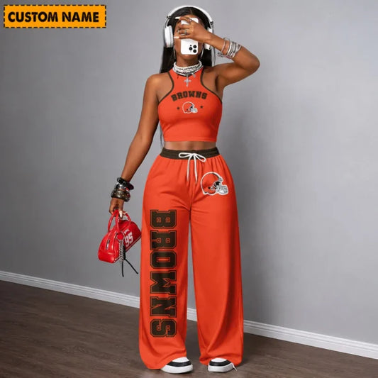 [TOUCHDOWN DEAL] NEW CUSTOMIZED NFL29 CLB CLEVELAND BROWNS WOMEN'S CROP TOP & LONGPANTS SET