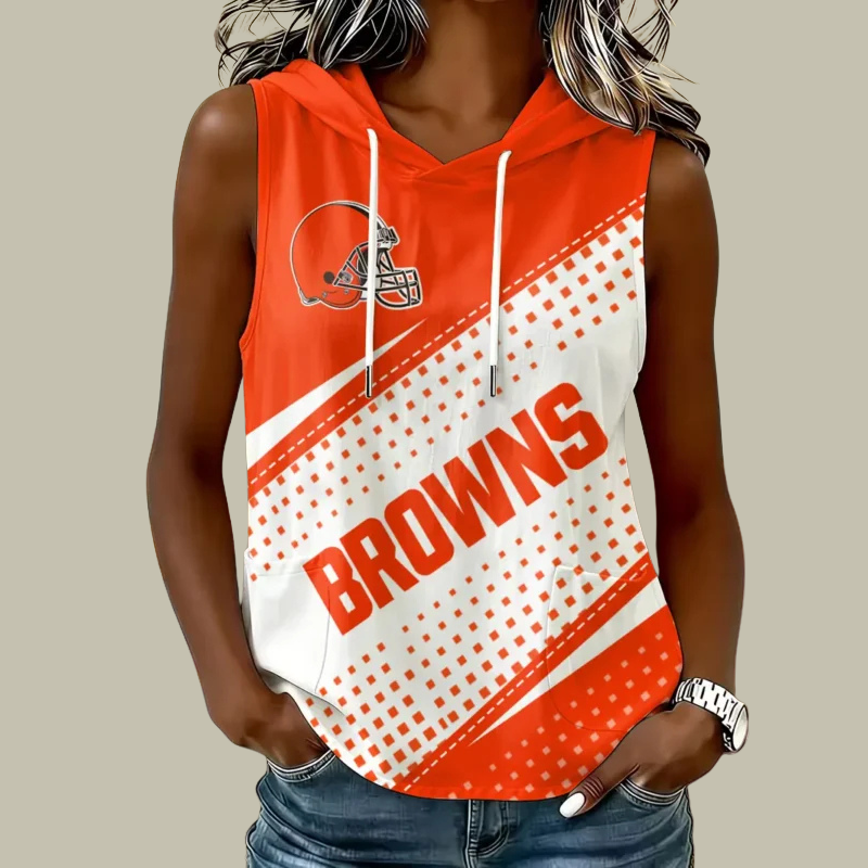 [TOUCHDOWN DEAL] NEW CUSTOMIZED NFL29 CLB CLEVELAND BROWNS WOMEN'S SLEEVELESS HOODED POCKET TANK TOP