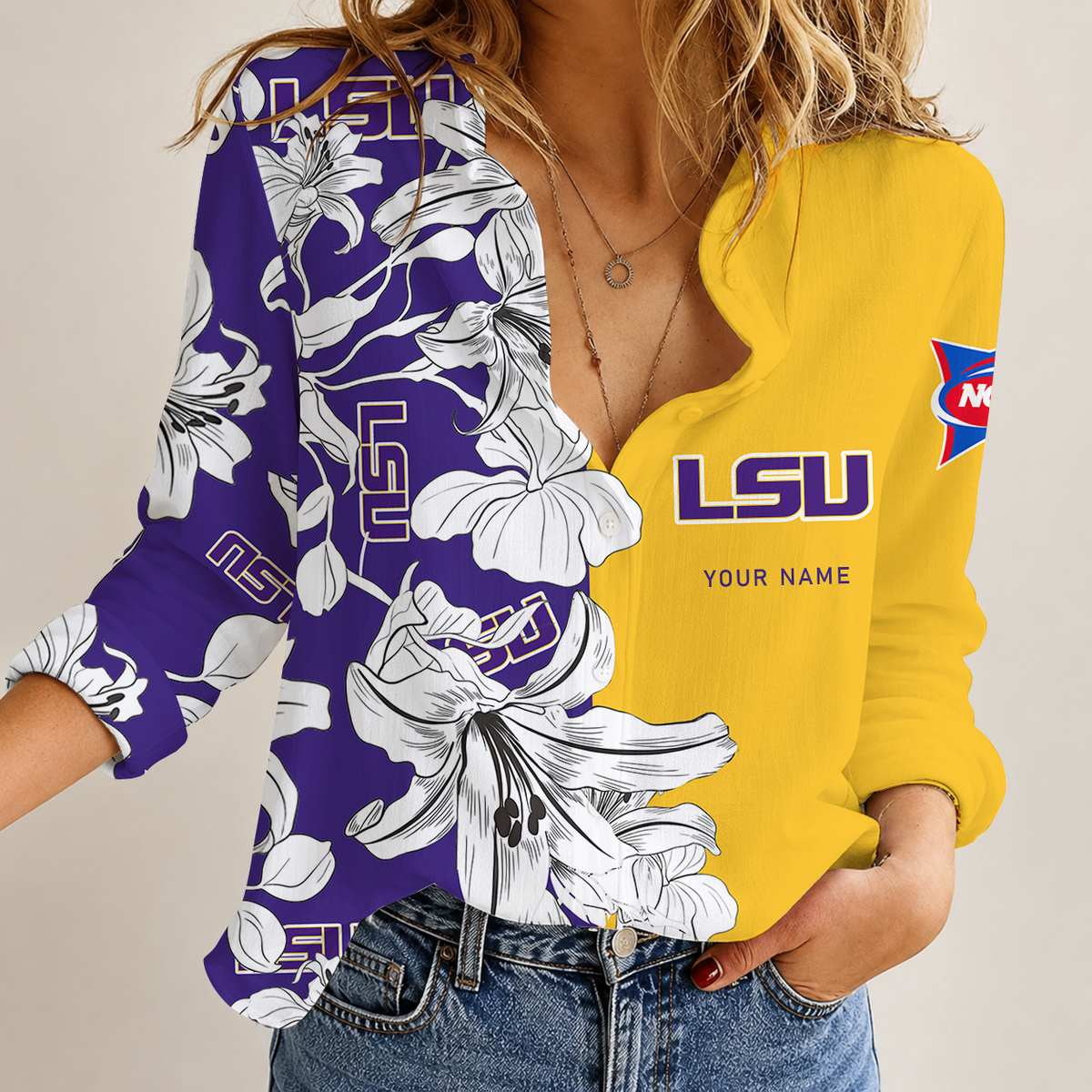 [TOUCHDOWN DEAL] NEW CUSTOMIZED NCAA FBS29 LST LSU TIGERS WOMEN CASUAL SHIRT