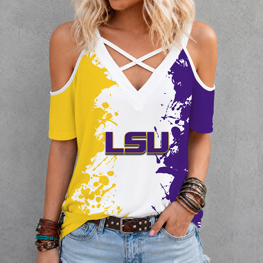 [TOUCHDOWN DEAL]NEW CUSTOMIZED NCAA FBS29 LST LSU TIGERS CRISS CROSS V-NECK TOP