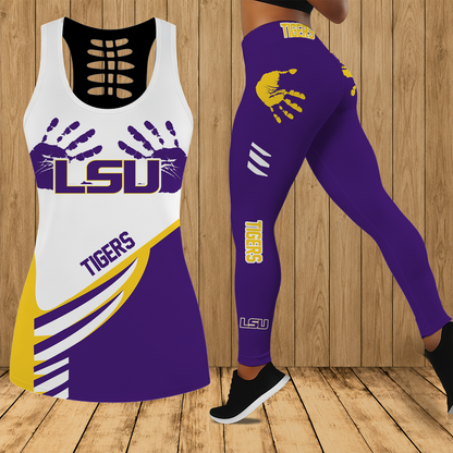 [TOUCHDOWN DEAL]NEW CUSTOMIZED NCAA FBS29 LST LSU TIGERS HOLLOW TANK TOP & LEGGINGS SET