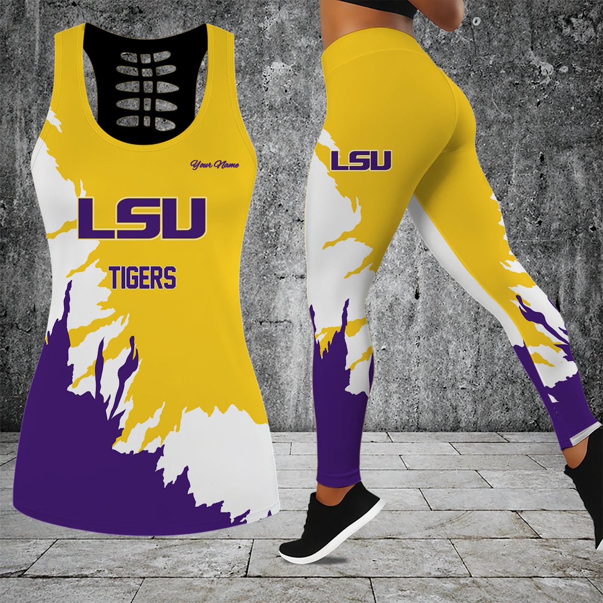 [TOUCHDOWN DEAL] NEW CUSTOMIZED NCAA FBS29 LST LSU TIGERS HOLLOW TANK TOP & LEGGINGS SET