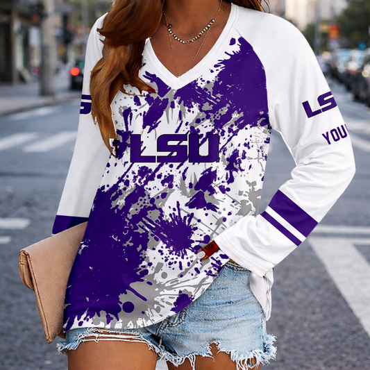 [TOUCHDOWN DEAL] NEW CUSTOMIZED NCAA FBS29 LST LSU TIGERS WOMEN'S V-NECK LONG SLEEVED SHIRT