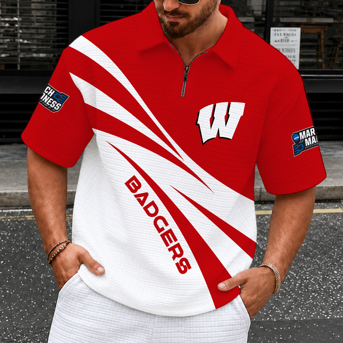 [SLAM DUNK DEAL] NEW CUSTOMIZED NCAA MAM29 WSB WISCONSIN BADGERS QUARTER-ZIP POLO SHIRT