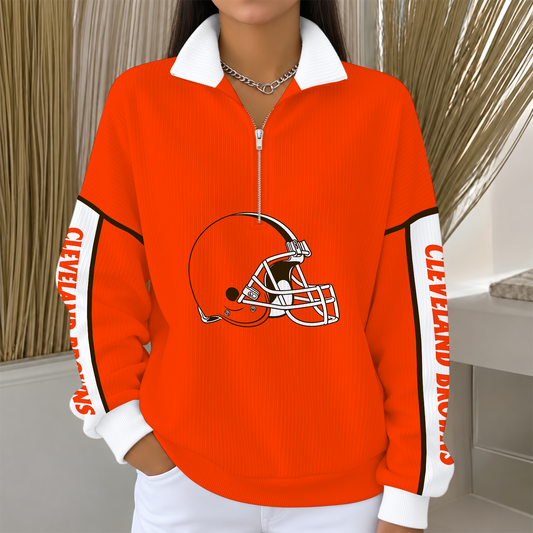 [TOUCHDOWN DEAL] NEW CUSTOMIZED NFL29 CLB CLEVELAND BROWNS QUARTER ZIP RIBBED SWEATER