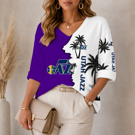 [HOT DEAL] NEW CUSTOMIZED NBA29 UJZ UTAH JAZZ WOMEN'S V-NECK LONG SLEEVE SHIRT