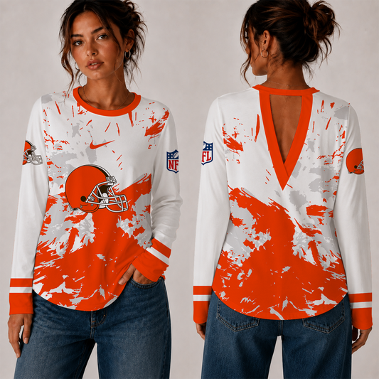 [TOUCHDOWN DEAL] NEW CUSTOMIZED NFL29 CLB CLEVELAND BROWNS WOMEN'S BACK V-CUT LONG-SLEEVE SHIRT