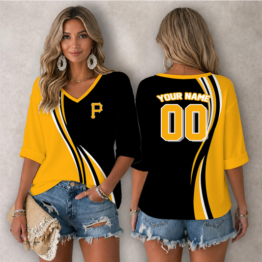 [HOMERUN DEAL] NEW CUSTOMIZED MLB29 PHP PITTSBURGH PIRATES WOMEN'S HEART V-NECK LONG SLEEVE SHIRT