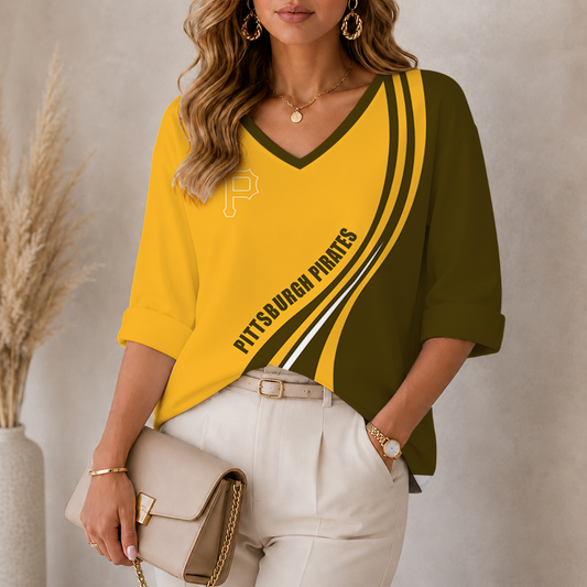[HOMERUN DEAL] NEW CUSTOMIZED MLB29 PHP PITTSBURGH PIRATES WOMEN'S HEART V-NECK LONG SLEEVE SHIRT
