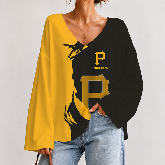 [HOMERUN DEAL] NEW CUSTOMIZED MLB29 PHP PITTSBURGH PIRATES V-NECK LONG SLEEVED CROP TOP