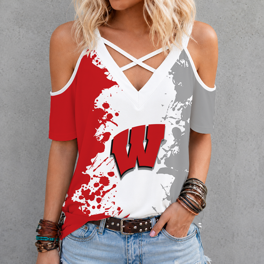 [SLAM DUNK DEAL] NEW CUSTOMIZED NCAA MAM29 WSB WISCONSIN BADGERS CRISS CROSS V-NECK TOP