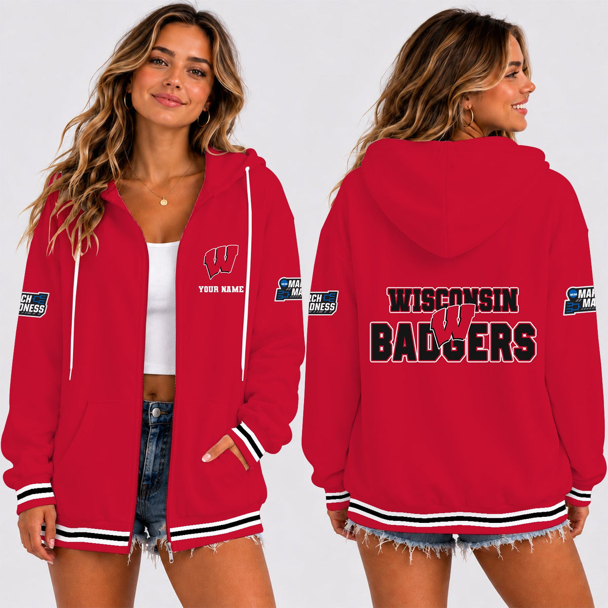 [SLAM DUNK DEAL] NEW CUSTOMIZED NCAA MAM29 WSB WISCONSIN BADGERS STRAPPY ZIP HOODIE