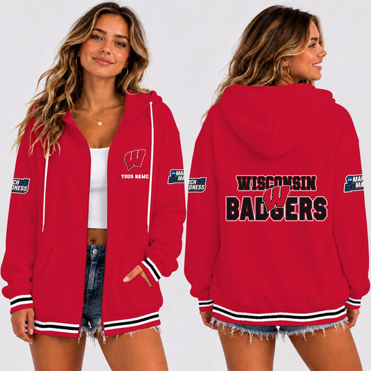 [SLAM DUNK DEAL] NEW CUSTOMIZED NCAA MAM29 WSB WISCONSIN BADGERS STRAPPY ZIP HOODIE