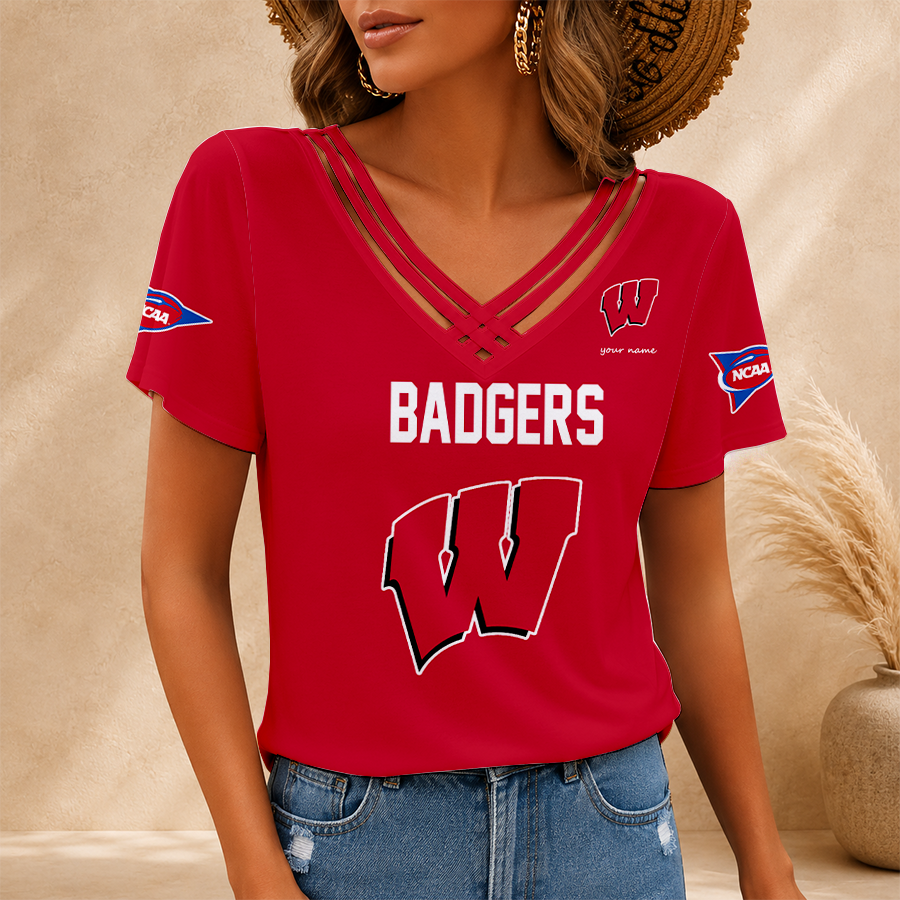 [SLAM DUNK DEAL] NEW CUSTOMIZED NCAA MAM29 WSB WISCONSIN BADGERS V-NECK SHIRT