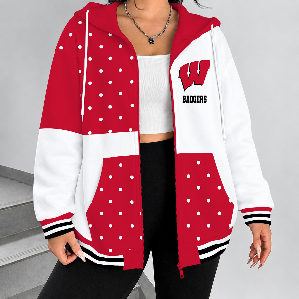 [SLAM DUNK DEAL] NEW CUSTOMIZED NCAA MAM29 WSB WISCONSIN BADGERS STRAPPY ZIP HOODIE