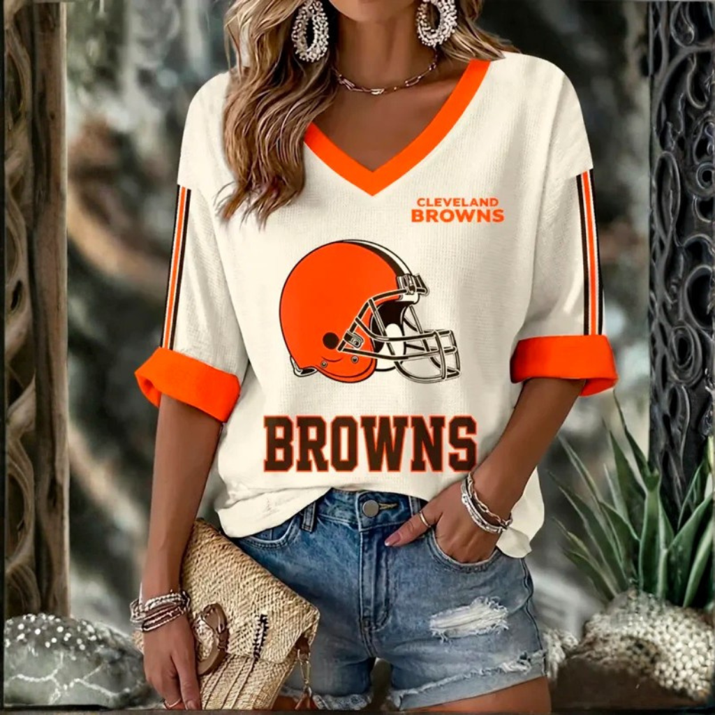 [TOUCHDOWN DEAL] NEW CUSTOMIZED NFL29 CLB CLEVELAND BROWNS WOMEN'S HEART V-NECK LONG SLEEVE SHIRT