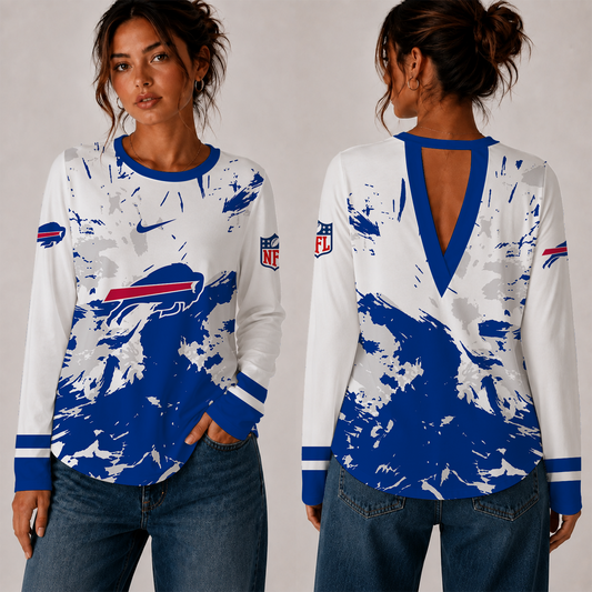 [TOUCHDOWN DEAL] NEW CUSTOMIZED NFL03 BFB BUFFALO BILLS WOMEN'S BACK V-CUT LONG-SLEEVE SHIRT