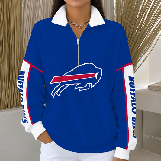[TOUCHDOWN DEAL] NEW CUSTOMIZED NFL03 BFB BUFFALO BILLS QUARTER ZIP RIBBED SWEATER