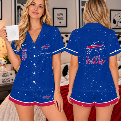 [TOUCHDOWN DEAL] NEW CUSTOMIZED NFL03 BFB THE BILLS WOMEN'S V-NECK SHORT PAJAMAS SET