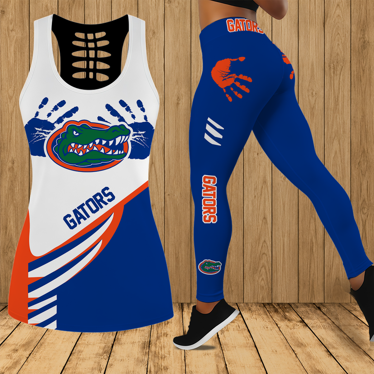 [TOUCHDOWN DEAL]NEW CUSTOMIZED NCAA FBS30 FLG FLORIDA GATORS HOLLOW TANK TOP & LEGGINGS SET