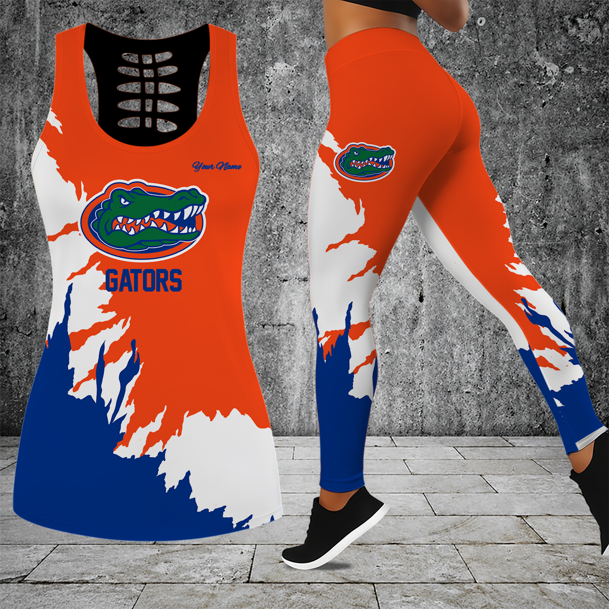 [TOUCHDOWN DEAL] NEW CUSTOMIZED NCAA FBS30 FLG FLORIDA GATORS HOLLOW TANK TOP & LEGGINGS SET