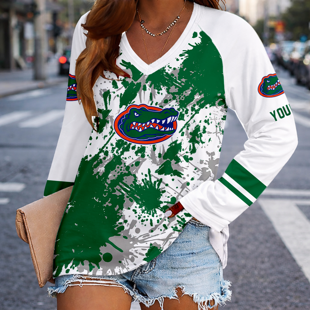 [TOUCHDOWN DEAL] NEW CUSTOMIZED NCAA FBS30 FLG FLORIDA GATORS WOMEN'S V-NECK LONG SLEEVED SHIRT