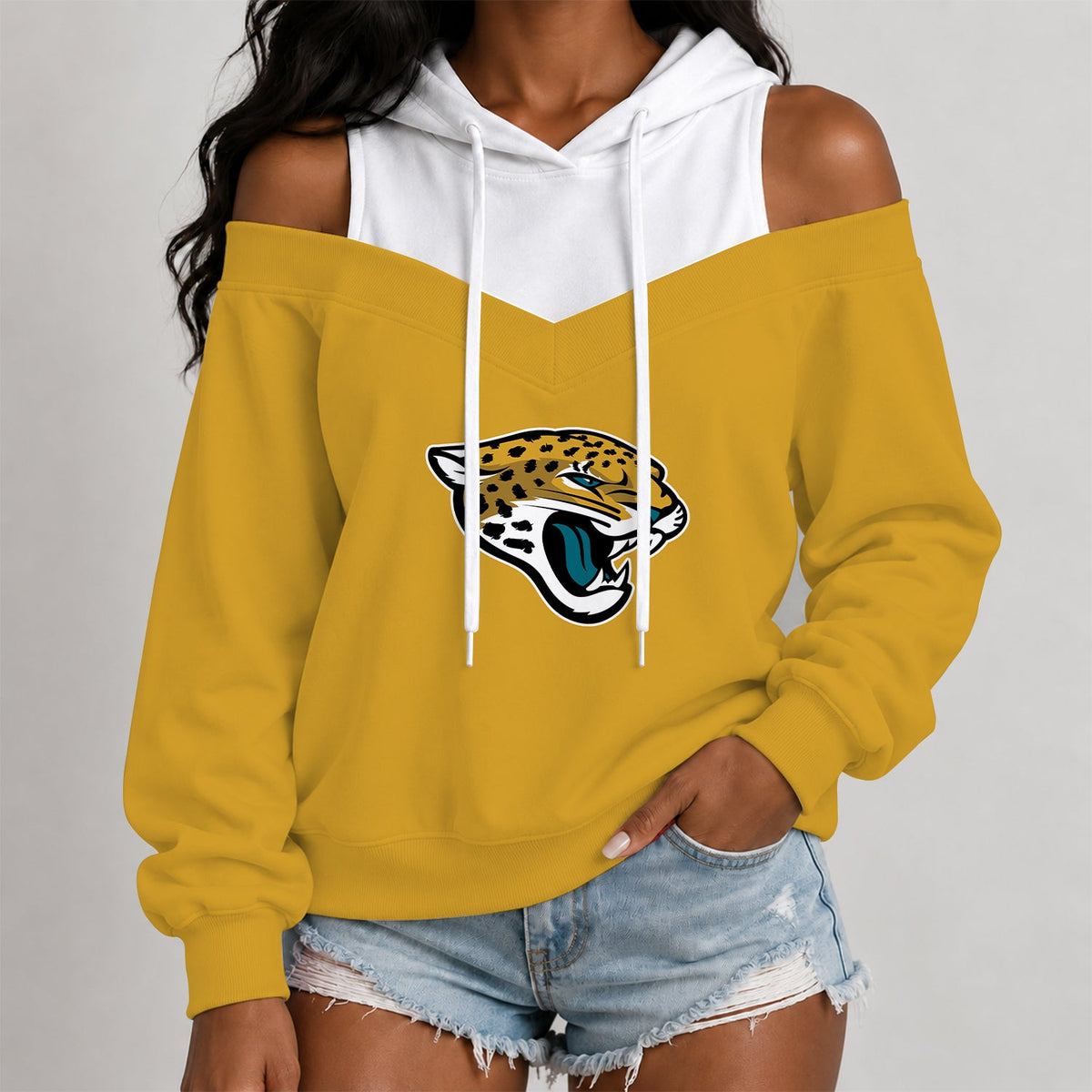 [TOUCHDOWN DEAL] NEW CUSTOMIZED NFL30 JSJ THE JAGUARS WOMEN'S OFF-SHOULDER HOODIE