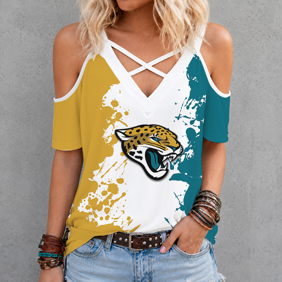 [TOUCHDOWN DEAL] NEW CUSTOMIZED NFL30 JSJ JACKSONVILLE JAGUARS CRISS CROSS V-NECK TOP