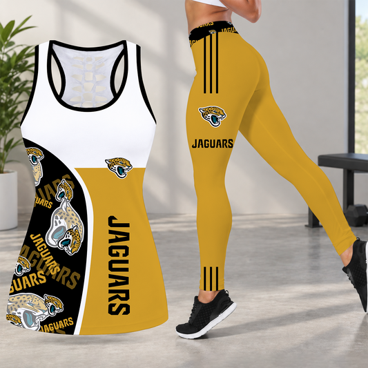 [TOUCHDOWN DEAL] NEW CUSTOMIZED NFL30 JSJ JACKSONVILLE JAGUARS HOLLOW TANK TOP & LEGGINGS SET