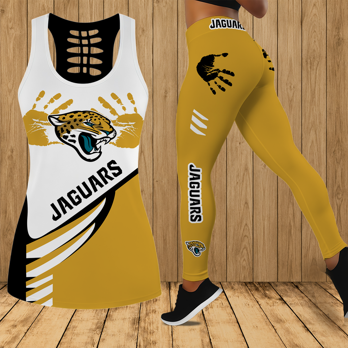 [TOUCHDOWN DEAL] NEW CUSTOMIZED NFL30 JSJ JACKSONVILLE JAGUARS HOLLOW TANK TOP & LEGGINGS SET