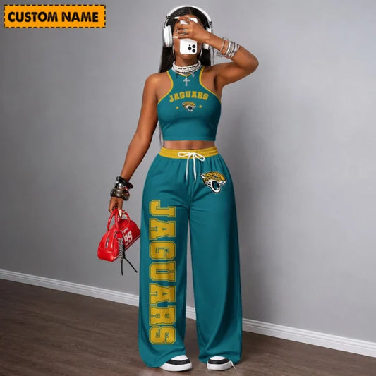 [TOUCHDOWN DEAL] NEW CUSTOMIZED NFL30 JSJ JACKSONVILLE JAGUARS WOMEN'S CROP TOP & LONGPANTS SET