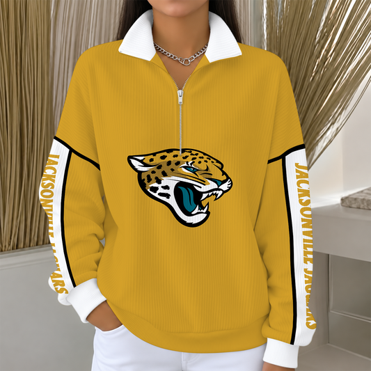 [TOUCHDOWN DEAL] NEW CUSTOMIZED NFL30 JSJ JACKSONVILLE JAGUARS QUARTER ZIP RIBBED SWEATER