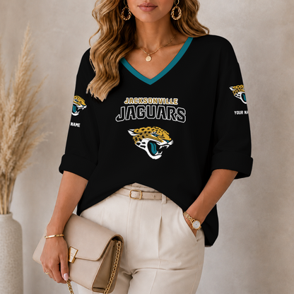 [SPECIAL OFFER] NEW CUSTOMIZED NFL30 JSJ JACKSONVILLE JAGUARS WOMEN'S HEART V-NECK LONG SLEEVE SHIRT