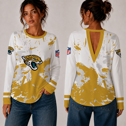 [TOUCHDOWN DEAL] NEW CUSTOMIZED NFL30 JSJ JACKSONVILLE JAGUARS WOMEN'S BACK V-CUT LONG-SLEEVE SHIRT