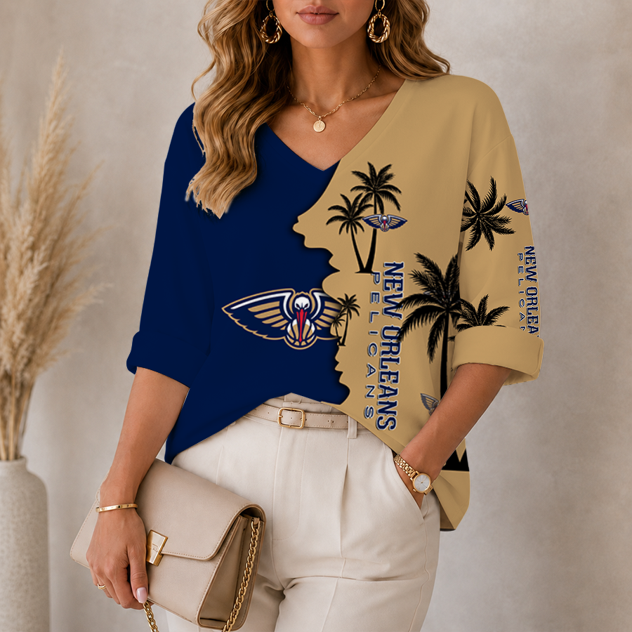 [HOT DEAL] NEW CUSTOMIZED NBA30 NOP NEW ORLEANS PELICANS WOMEN'S V-NECK LONG SLEEVE SHIRT