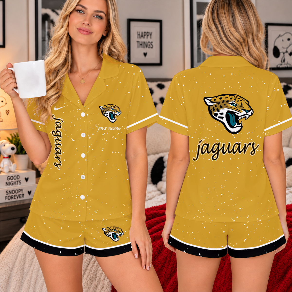 [TOUCHDOWN DEAL] NEW CUSTOMIZED NFL30 JSJ THE JAGUARS WOMEN'S V-NECK SHORT PAJAMAS SET