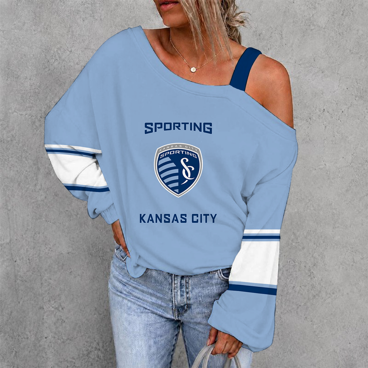 [GOAL DEAL] NEW CUSTOMIZED MLS30 SKC SPORTING KANSAS CITY WOMEN'S OFF-SHOULDER LONG SLEEVE SHIRT