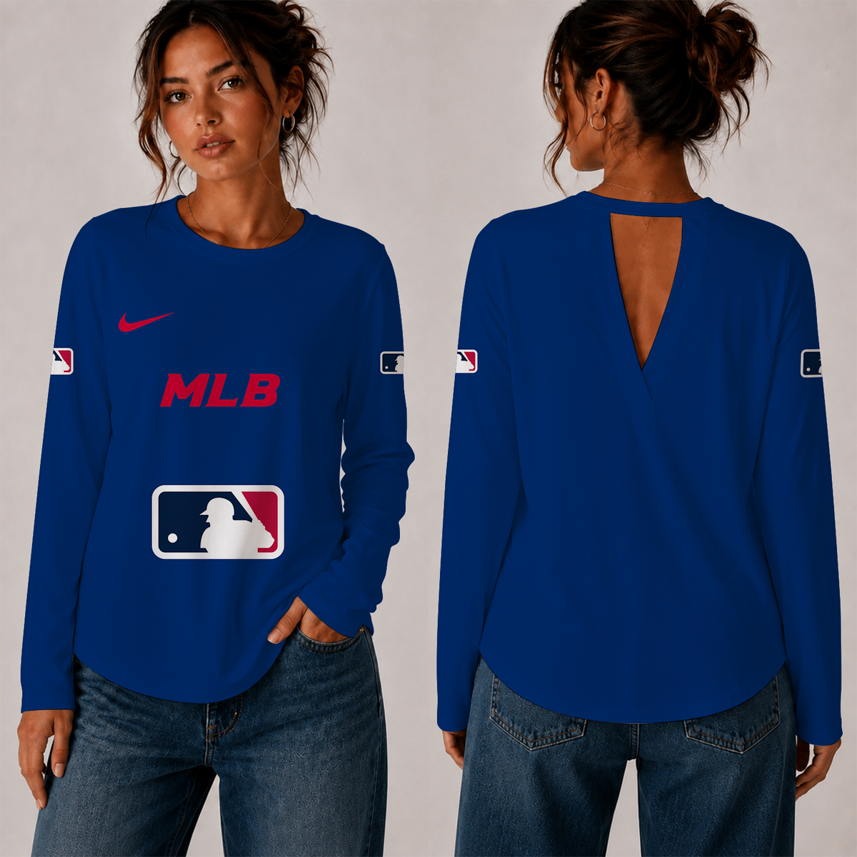 [HOMERUN DEAL] NEW CUSTOMIZED MLB31 MAJOR LEAGUE BASEBALL WOMEN'S BACK V-CUT LONG-SLEEVE SHIRT