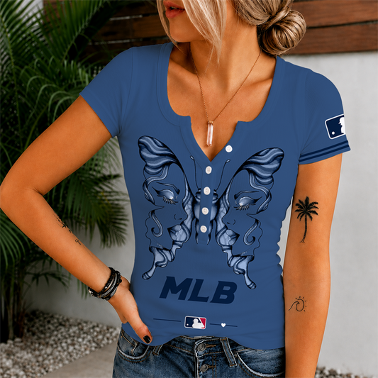 [HOMERUN DEAL] NEW CUSTOMIZED MLB31 MAJOR LEAGUE BASEBALL WOMEN'S SHORT SLEEVE HENLEY T-SHIRT