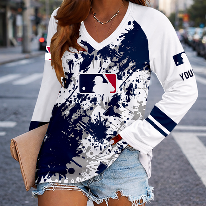 [HOMERUN DEAL] NEW CUSTOMIZED MLB31 MAJOR LEAGUE BASEBALL WOMEN'S V-NECK LONG SLEEVED SHIRT