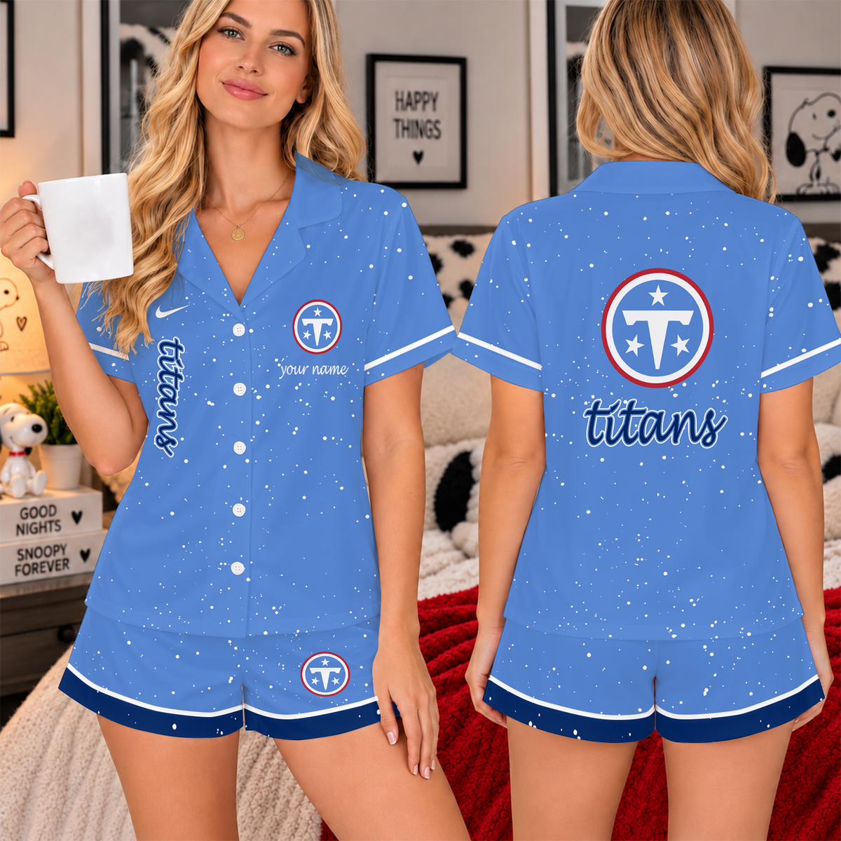 [TOUCHDOWN DEAL] NEW CUSTOMIZED NFL31 TST THE TITANS WOMEN'S V-NECK SHORT PAJAMAS SET
