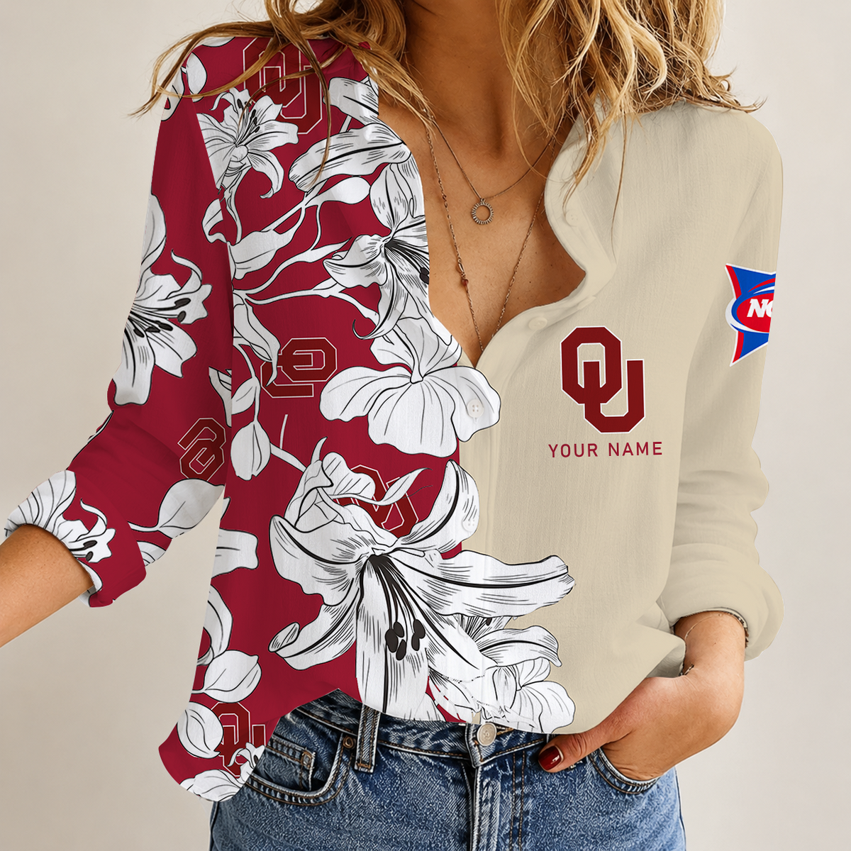 [TOUCHDOWN DEAL] NEW CUSTOMIZED NCAA FBS31 OUS OKLAHOMA SOONERS WOMEN CASUAL SHIRT