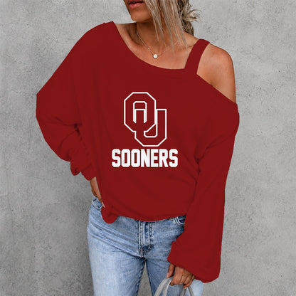 [TOUCHDOWN DEAL] NEW CUSTOMIZED NCAA FBS31 OUS OKLAHOMA SOONERS WOMEN'S OFF-SHOULDER LONG SLEEVE SHIRT